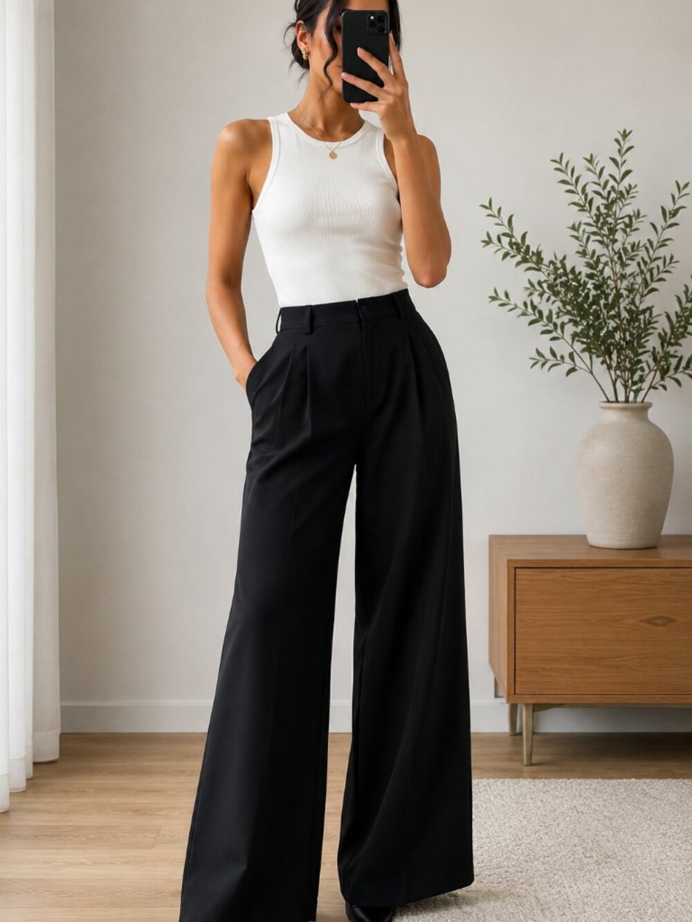 H&M Black Wide Leg Pleated Trousers High Rise Career Chic